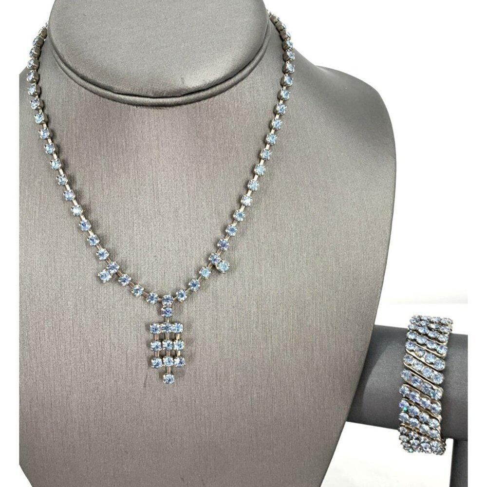 Rhinestone Necklace Bracelet Set Light Ice Blue 14" Stretch Bracelet Vintage